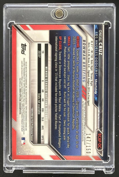 2016 Bowman Chrome Oneil Cruz #BCAP-OC Prospects Auto Blue Refractor 147/150
