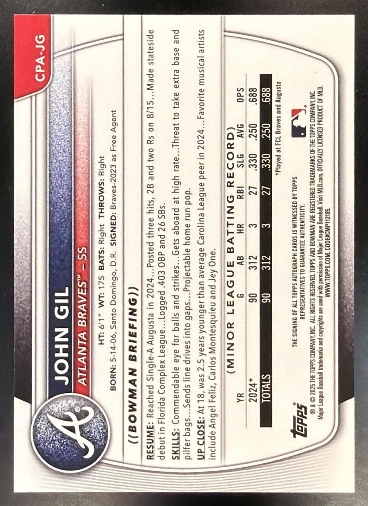2025 Bowman Chrome John Gil #CPA-JG Auto Speckle Refractor 229/299 1st Prospect