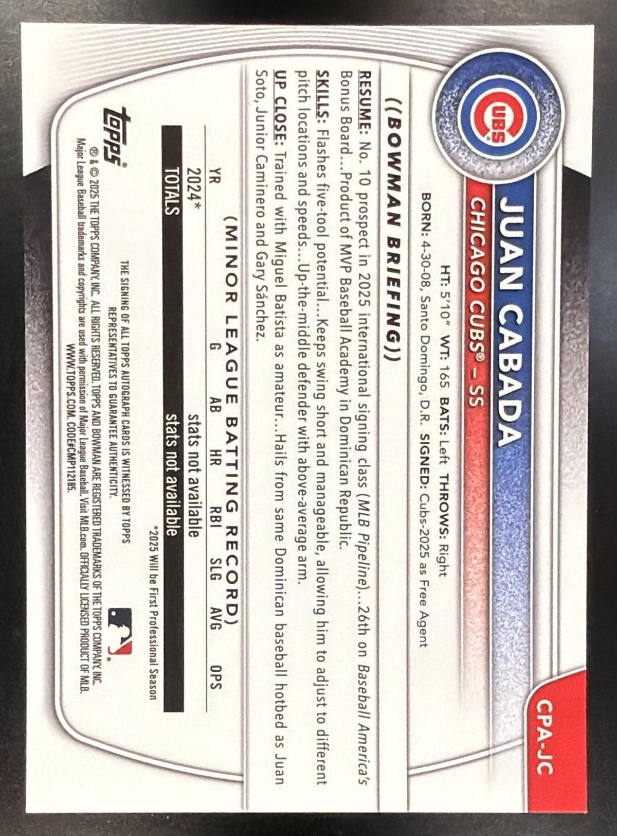 2025 Bowman Chrome Juan Cabada #CPA-JC Auto Gold Shimmer Refractor /50 1st Prospect
