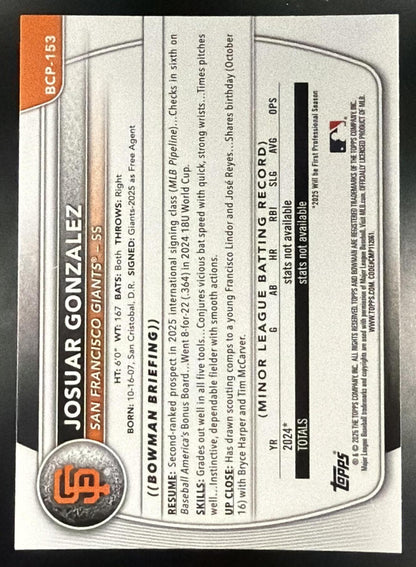 2025 Bowman Chrome Josuar Gonzalez #BCP-153 Green Shimmer 82/99 1st