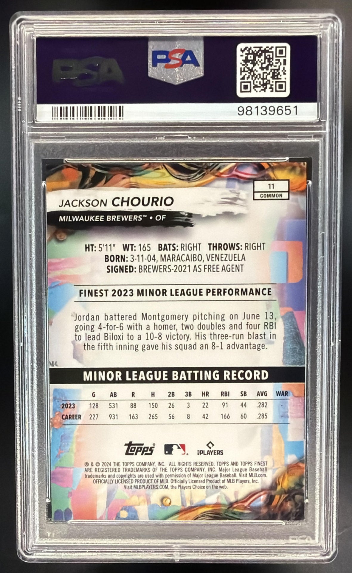 2024 Topps Finest Jackson Chourio #11 Gold Refractor 6/50 Common RC PSA 10