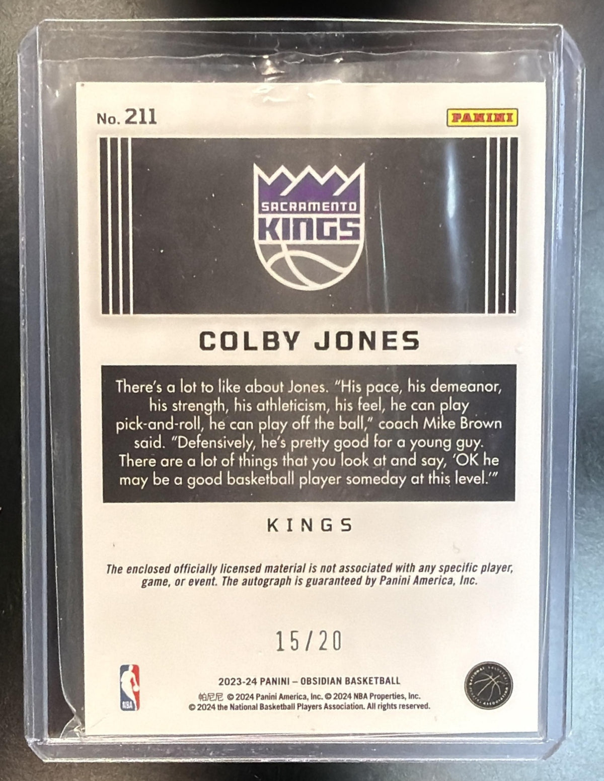 2023-24 Panini Obsidian NBA Colby Jones #211 Green Flood Rookie Patch Auto 15/20