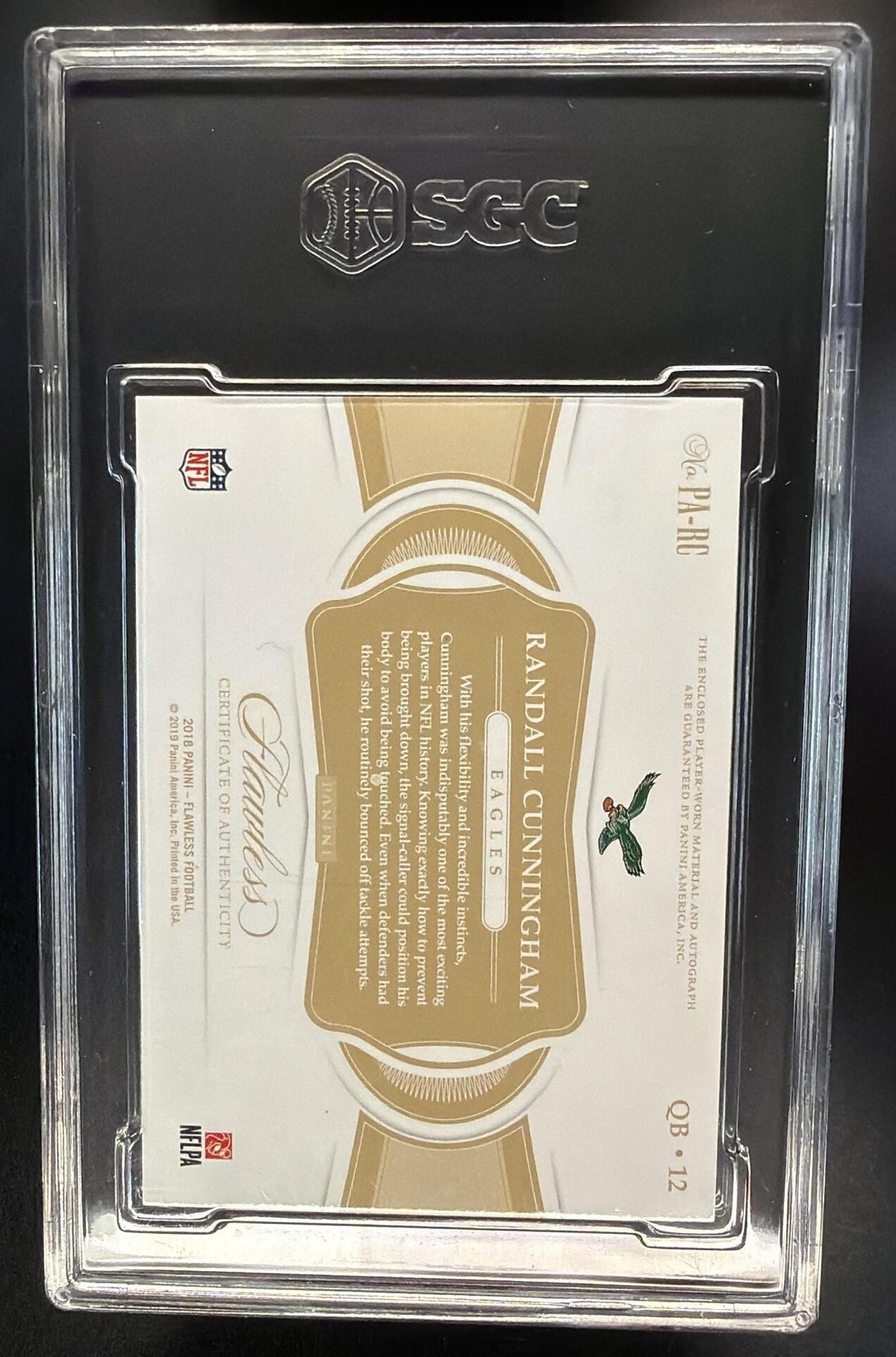2018 Panini Flawless Randall Cunningham #PA-RC Patch Auto Silver 15/20 SGC 9