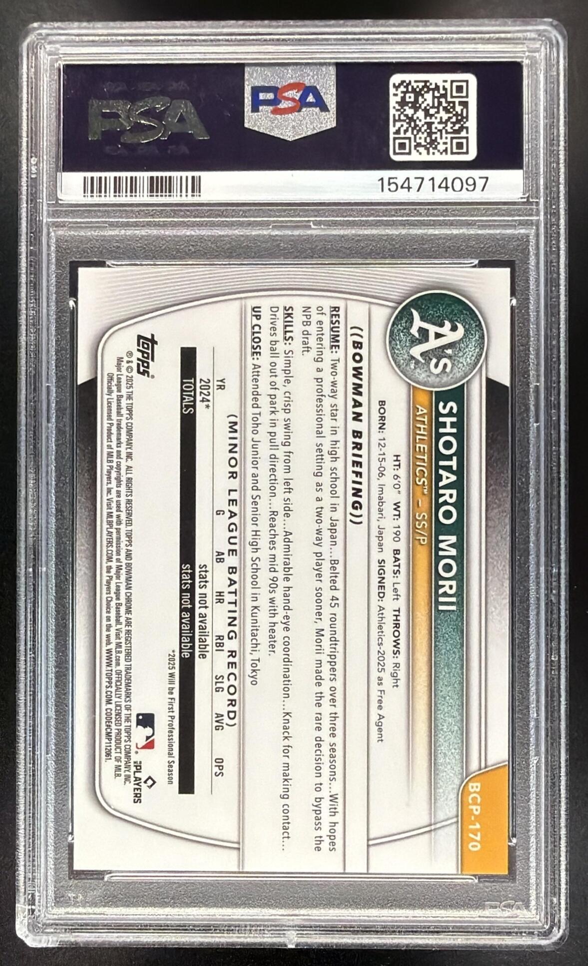 2025 Bowman Chrome Shotaro Morii #BCP-170 Purple Shimmer Refractor /250 1st Prospect PSA 10