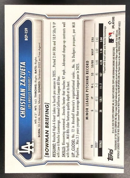 2026 Bowman Chrome Christian Zazueta #BCP-159 Orange Refractor 6/25 1st Prospect