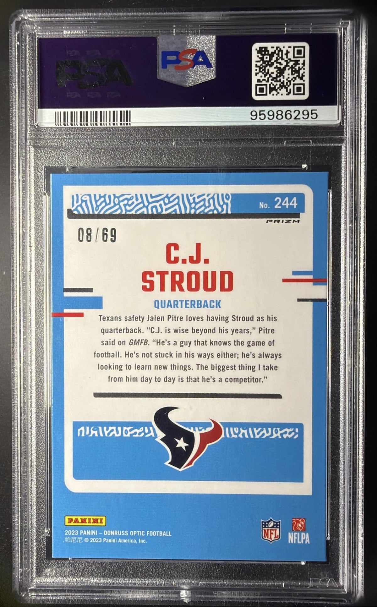 2023 Panini Donruss Optic C.J. Stroud #244 Electricity Prizm /69 RC Rated Rookie PSA 9