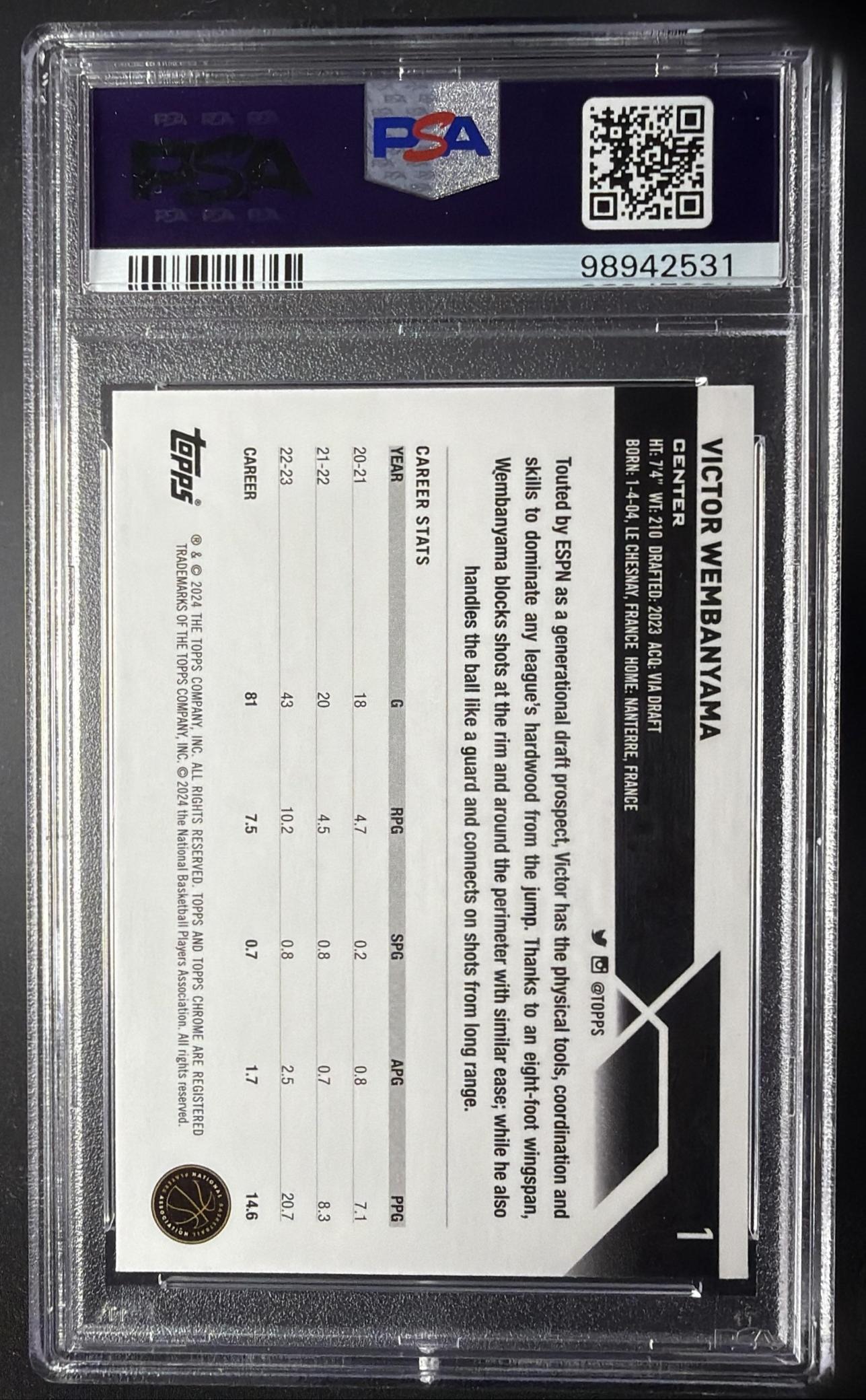 2023-24 Topps Chrome Victor Wembanyama #1 Blue Basketball Refractor RC PSA 9