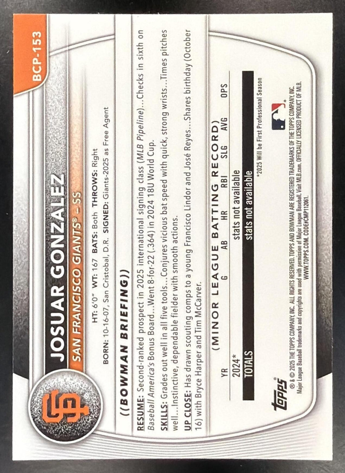 2025 Bowman Chrome Josuar Gonzalez #BCP-153 Purple Wave Refractor 218/250 1st Prospect