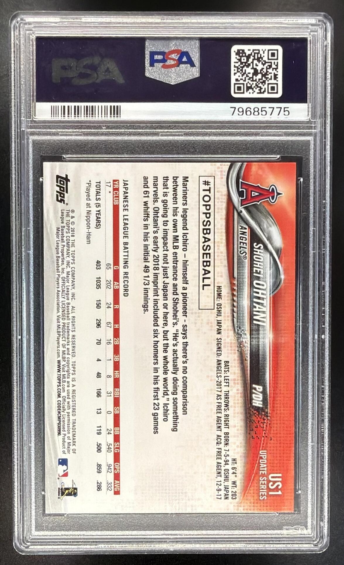 2018 Topps Update Shohei Ohtani #US1 RC PSA 9 Dodgers Angels