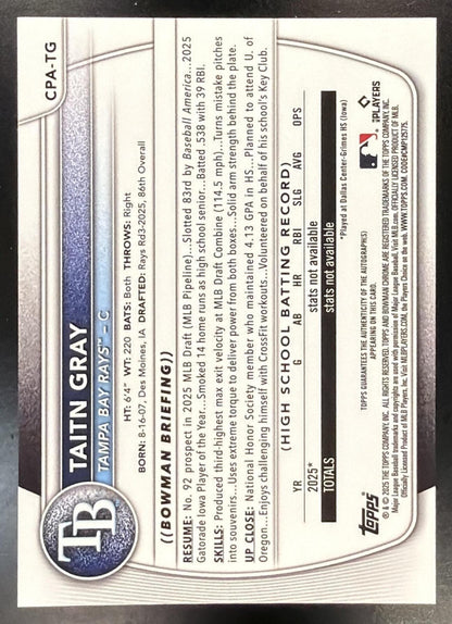 2025 Bowman Draft Taitn Gray #CPA-TG Chrome Auto 1st Prospect Rays