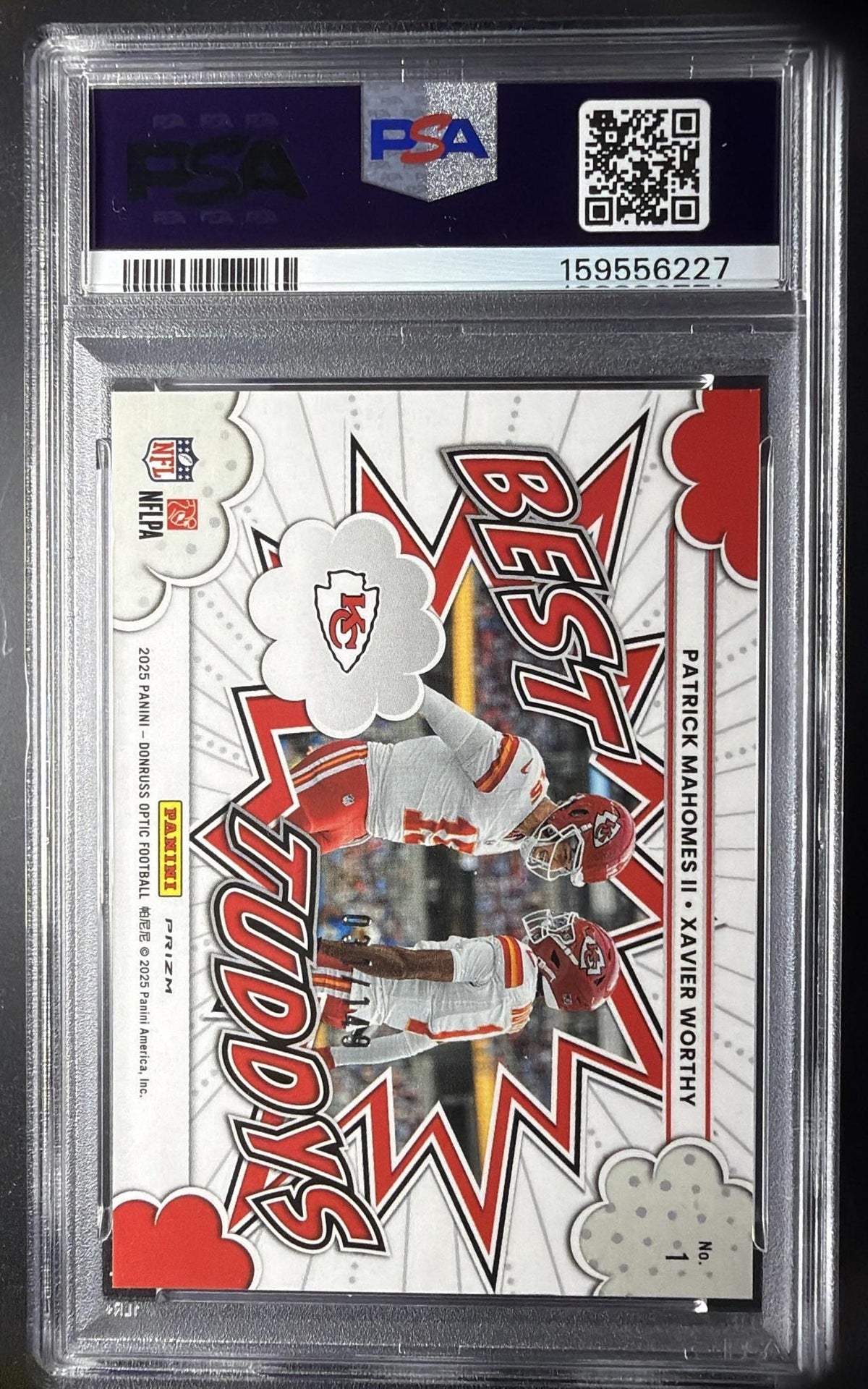 2025 Panini Donruss Optic Patrick Mahomes II Xavier Worthy #1 Best Tuddys Black Pandora /25 PSA 9