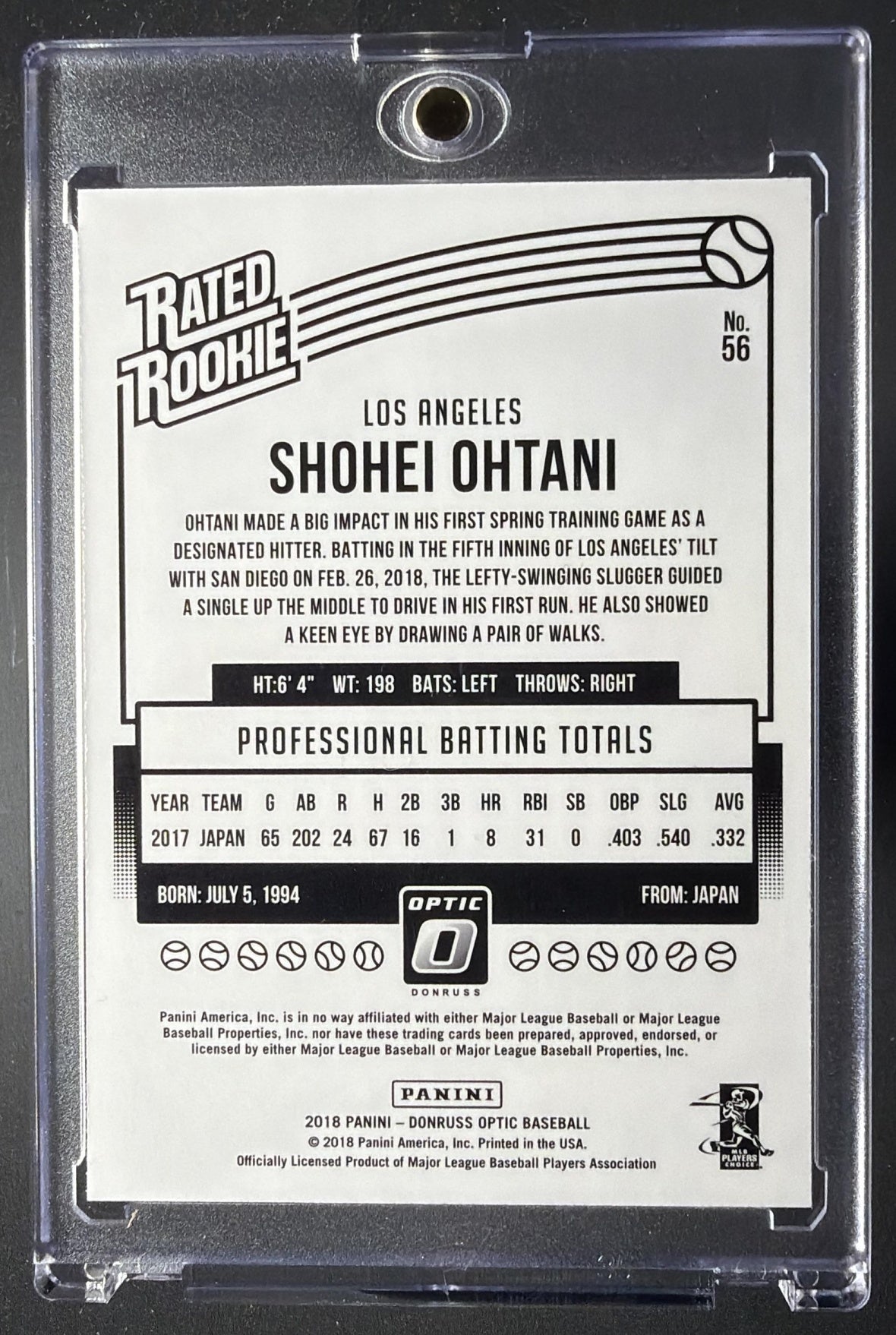2018 Panini Donruss Optic Shohei Ohtani #56 RC Rated Rookie