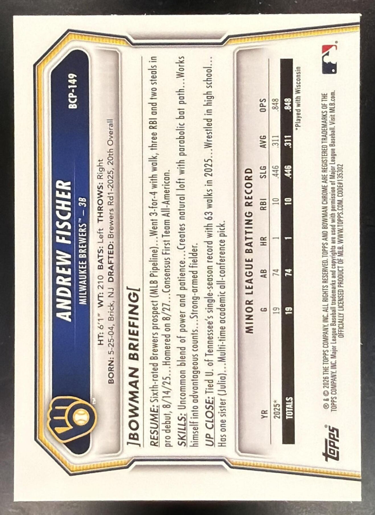 2026 Bowman Sapphire Andrew Fischer #BCP-149 Chrome 1st Prospect