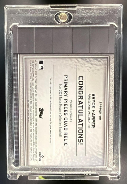 2023 Topps Museum Collection Bryce Harper #SPPPQR-BH Single Player Primary Pieces Quad Relics Ruby /10 MEM