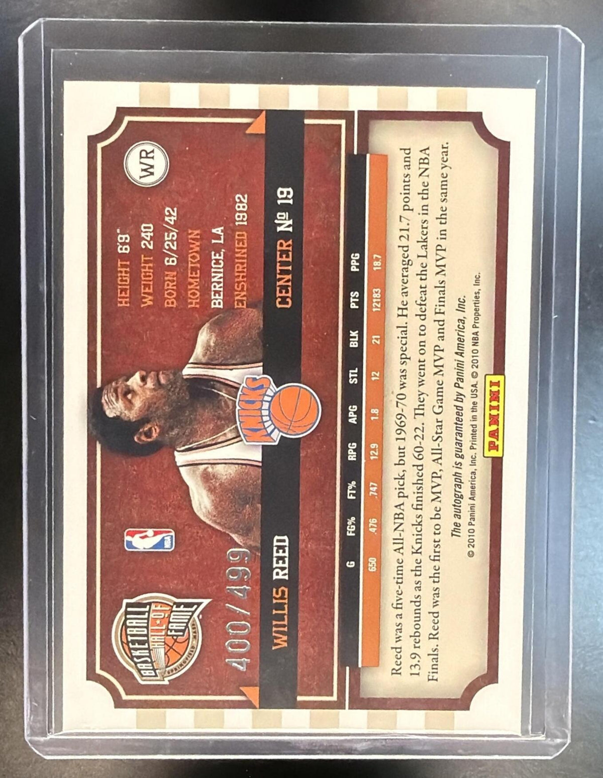 2009-10 Panini Hall of Fame Willis Reed #WR Famed Signatures Auto 400/499