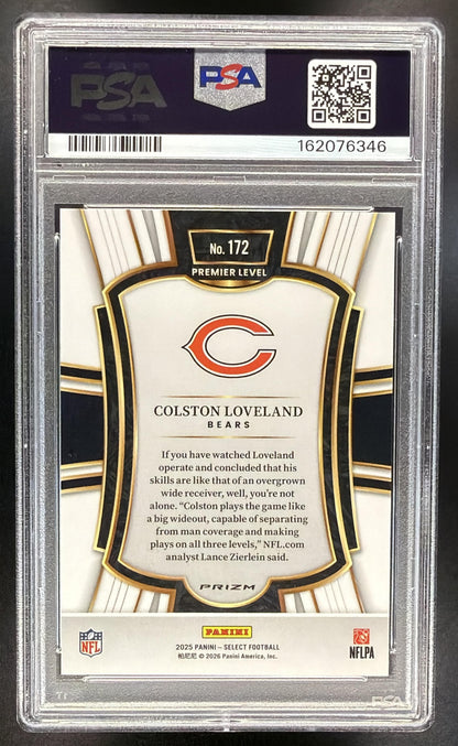 2025 Panini Select Colston Loveland #172 Premier Level Zebra Prizm Shock RC PSA 10