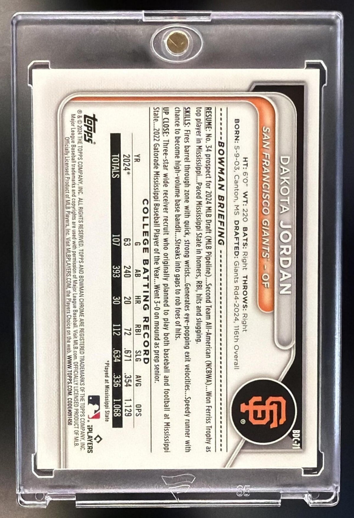 2024 Bowman Draft Dakota Jordan #BDC-71 Black /10