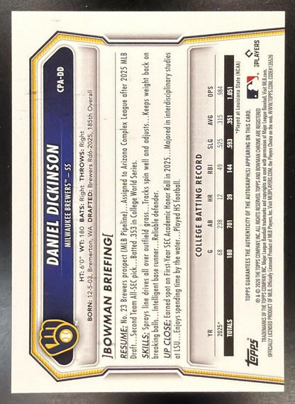 2026 Bowman Daniel Dickinson #CPA-DD Chrome Auto Aqua Refractor 072/125 1st Prospect