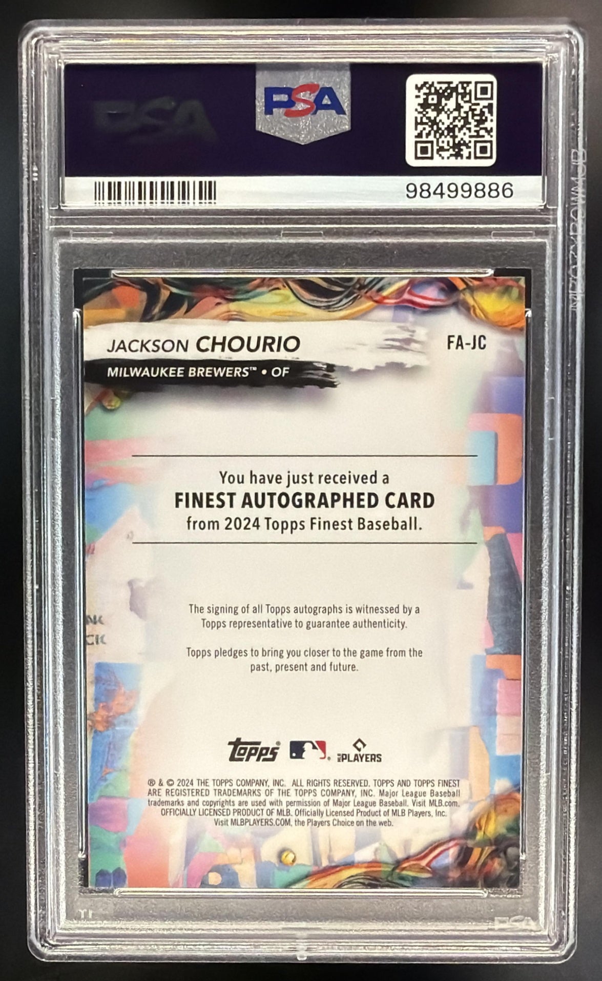 2024 Topps Finest Jackson Chourio #FA-JC Auto Blue /99 Refractor RC PSA 10