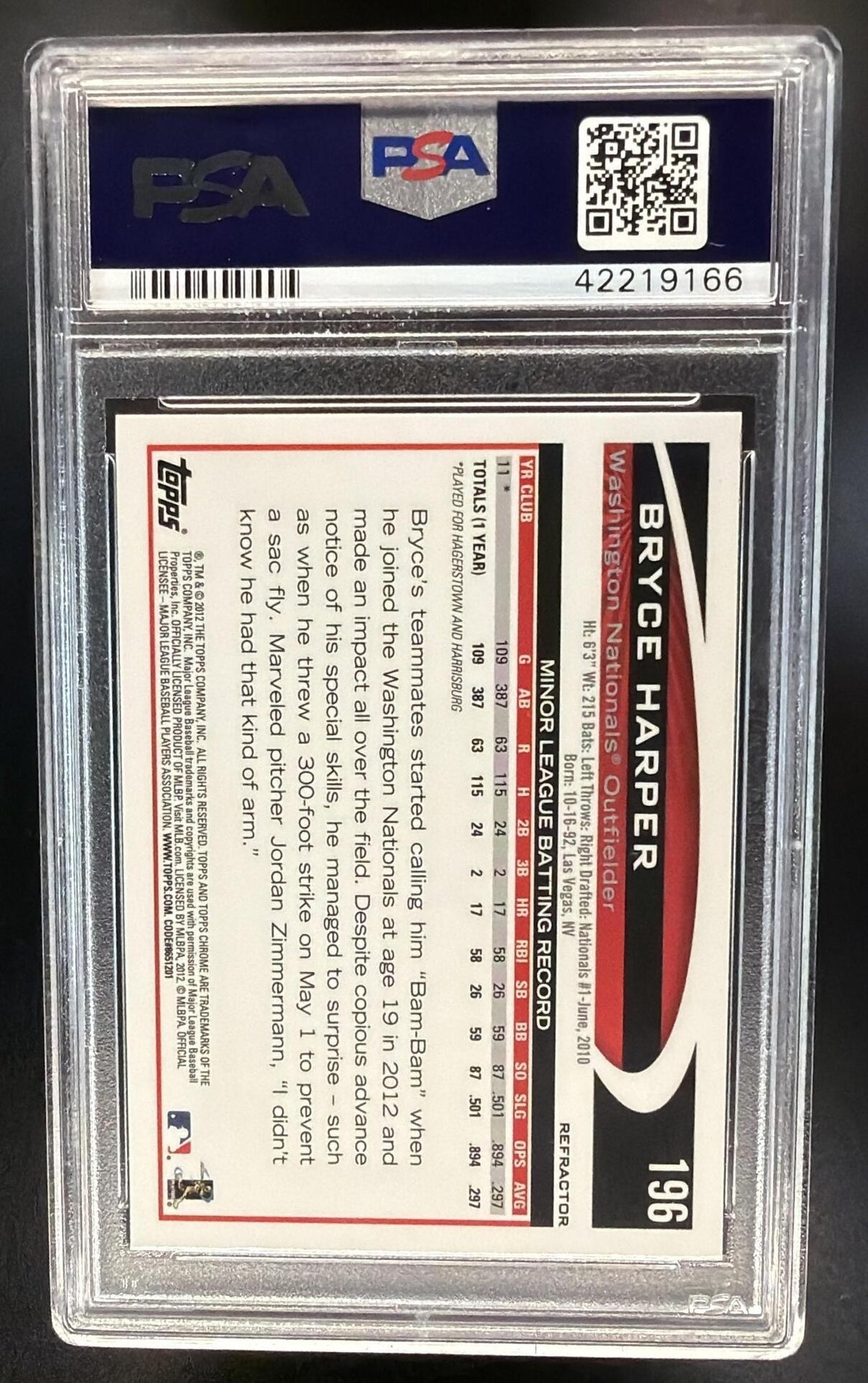 2012 Topps Chrome Bryce Harper #196 Refractor RC PSA 9