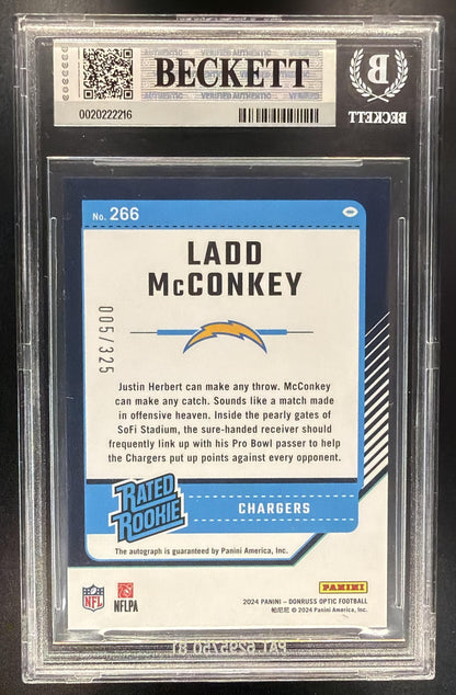 2024 Panini Donruss Optic Ladd McConkey #266 Rated Rookie RPS Auto 5/325 BGS 9