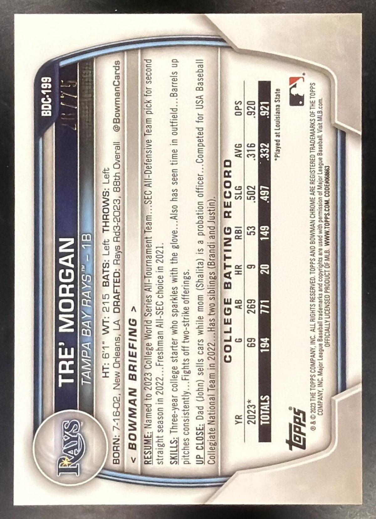 2023 Bowman Draft Sapphire Tre Morgan #BDC-199 Chrome Yellow Refractor 26/75 1st Prospect