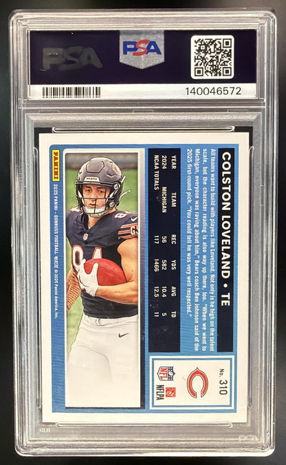 2025 Panini Donruss Colston Loveland #310 Rated Rookie Press Proof Silver /199 RC PSA 10