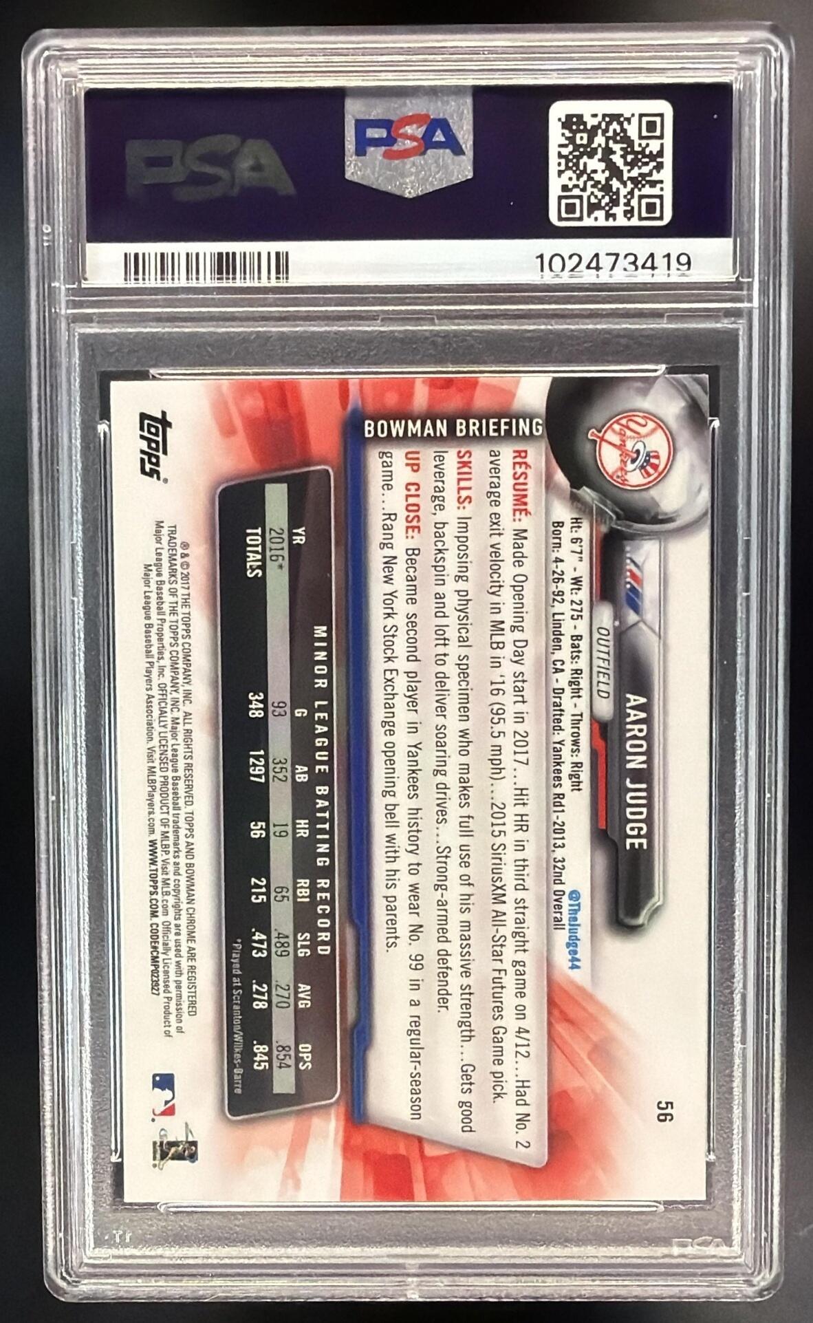 2017 Bowman Chrome Aaron Judge #56 RC PSA 10