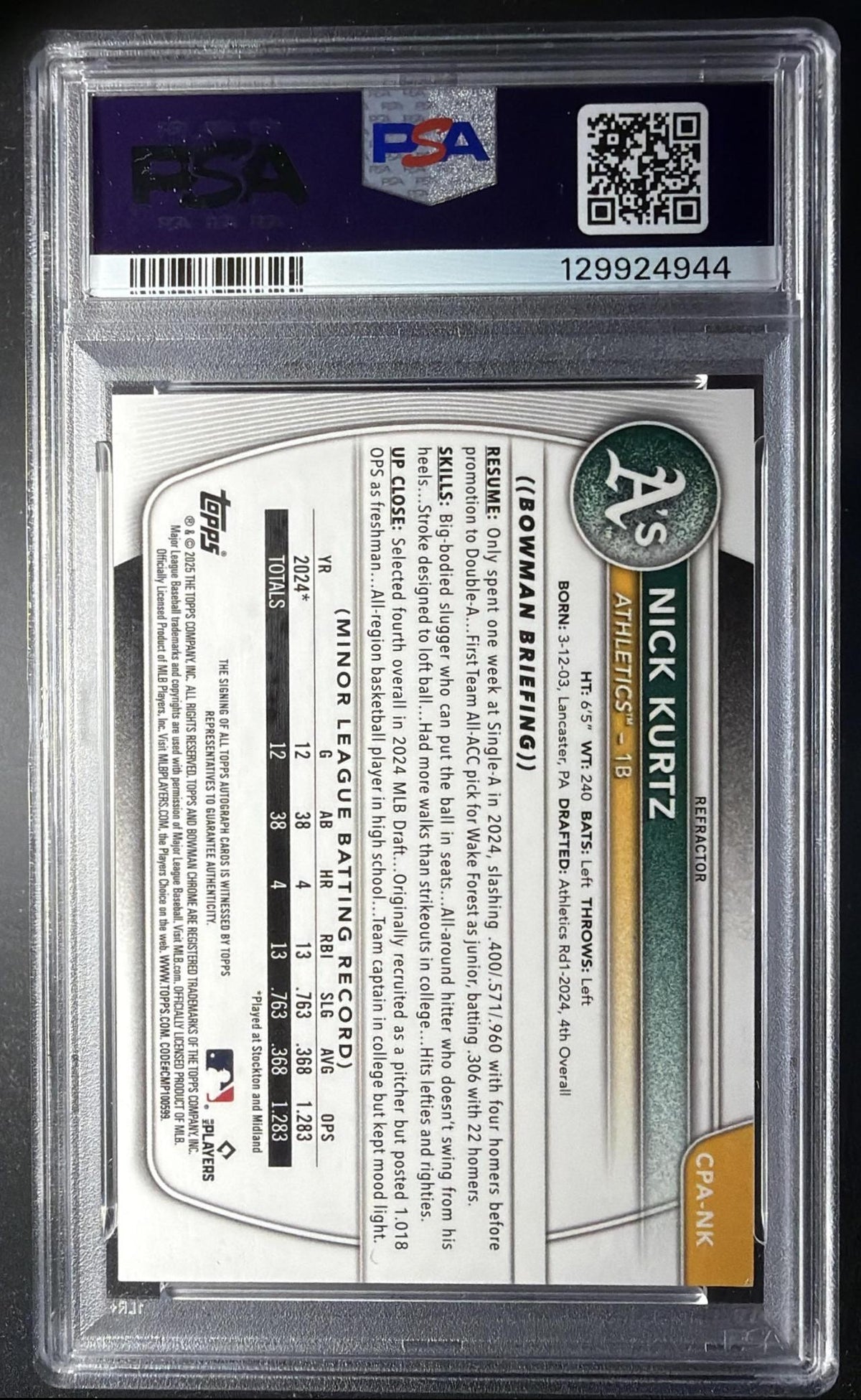 2025 Bowman Nick Kurtz #CPA-NK Chrome Prospect Auto Refractor 12/499 PSA 9