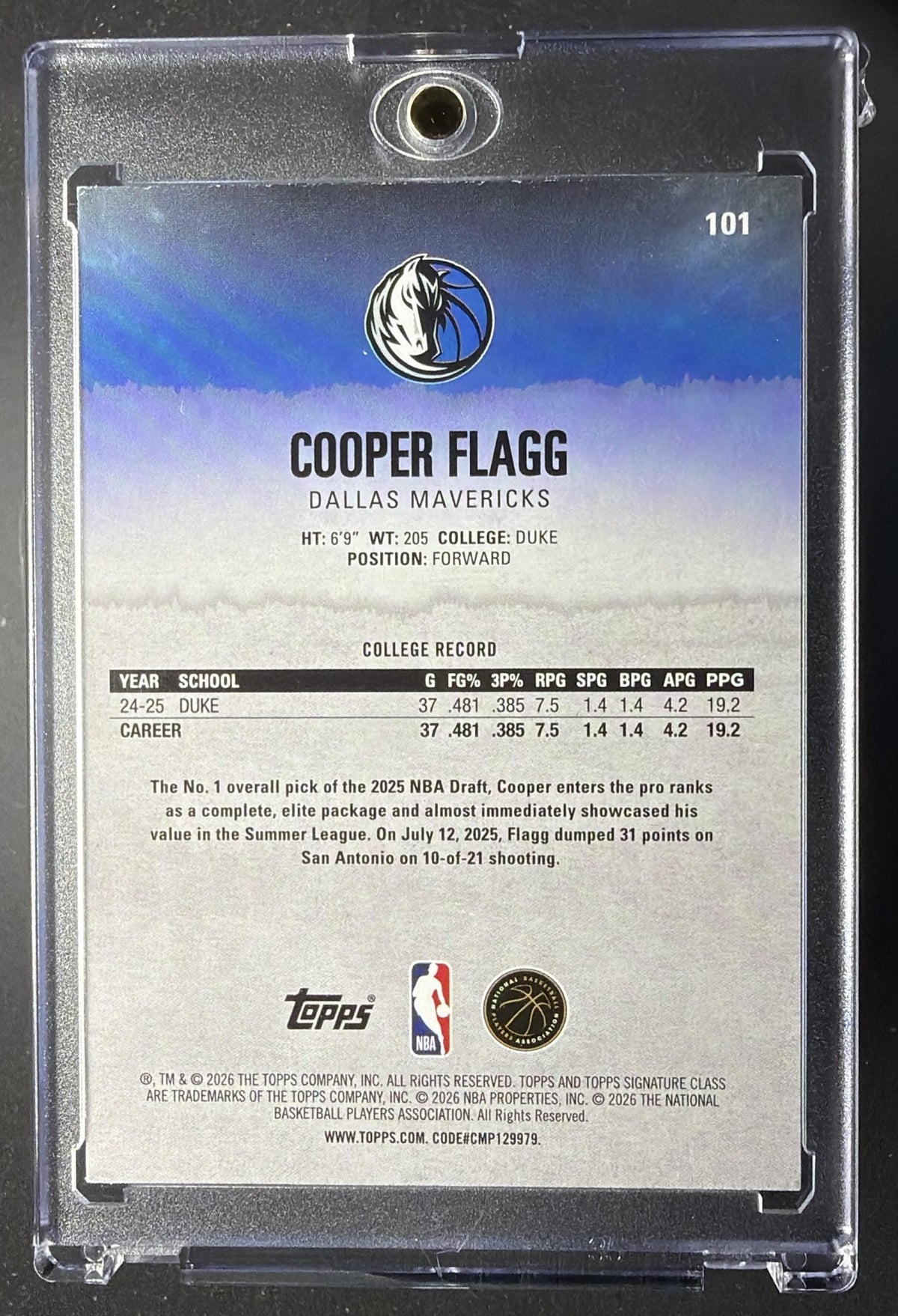 2025-26 Topps Signature Class Cooper Flagg #101 Rookie Magenta Foil /250 RC