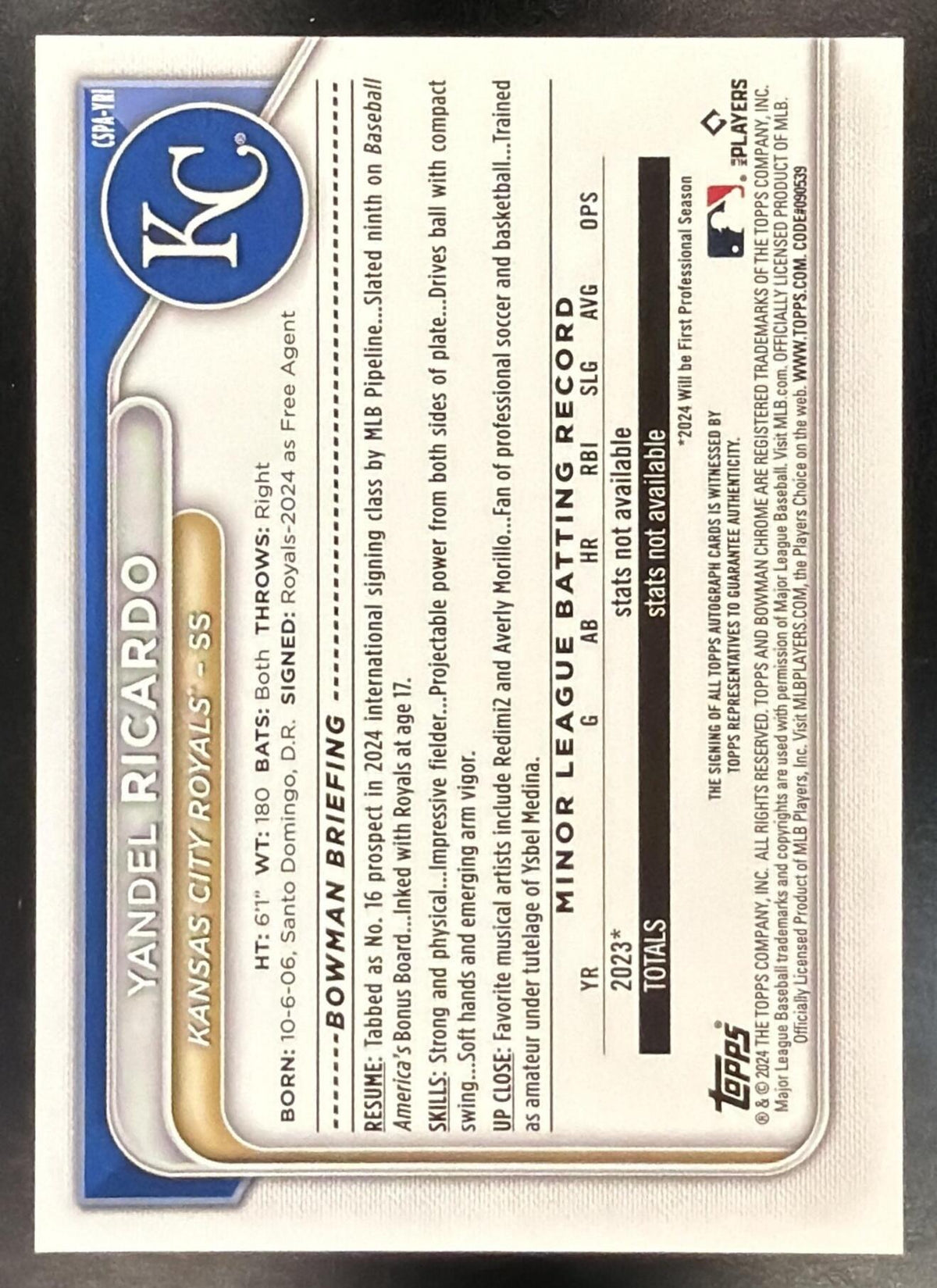 2024 Bowman Chrome Sapphire Yandel Ricardo #CSPA-YRI Prospect Auto 133/199