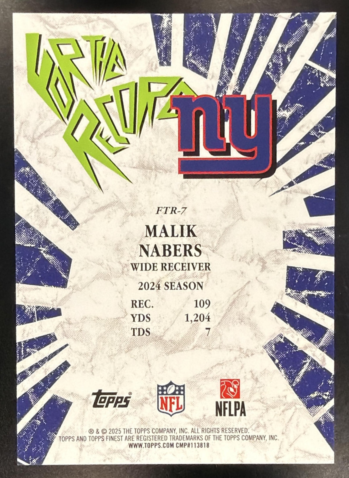 2025 Topps Finest Football Malik Nabers #FTR-7 For The Record SSP