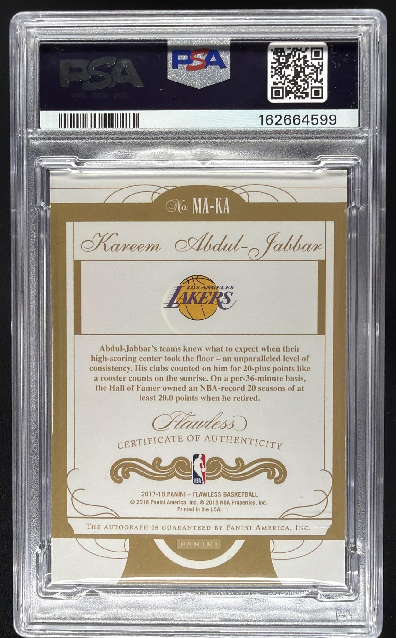 2017-18 Panini Flawless Kareem Abdul-Jabbar #MA-KA Momentous Auto 21/25 PSA 8