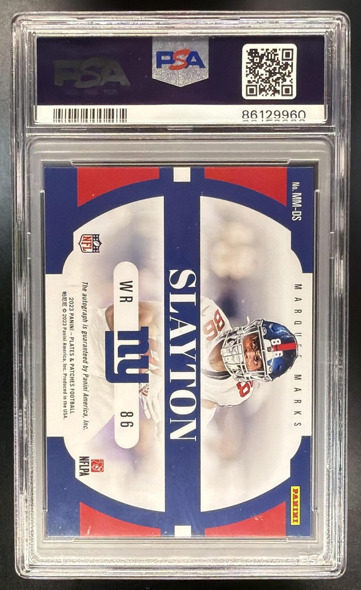 2023 Panini Plates & Patches Darius Slayton #MM-DS Marquee Marks Purple 32/35 Auto PSA 9