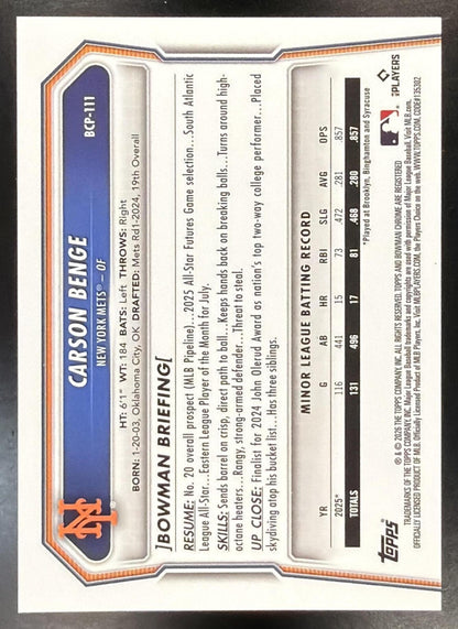 2026 Bowman Sapphire Carson Benge #BCP-111 Gold 26/50 Prospects