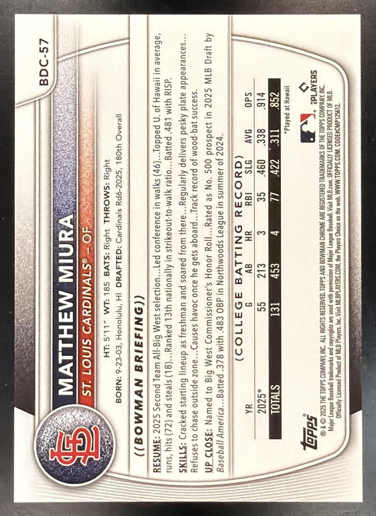 2025 Bowman Draft Matthew Miura #BDC-57 Chrome Black Refractor 7/10 1st Prospect