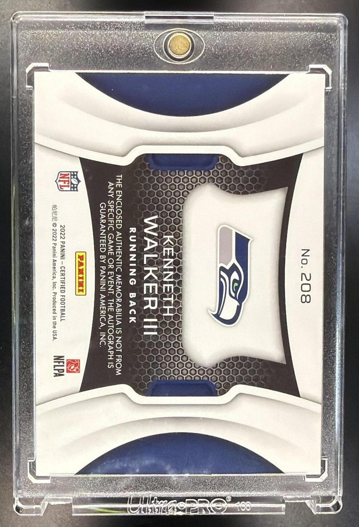 2022 Panini Certified Kenneth Walker III #208 Mirror Pink /199 MEM Auto RC Freshman Fabric