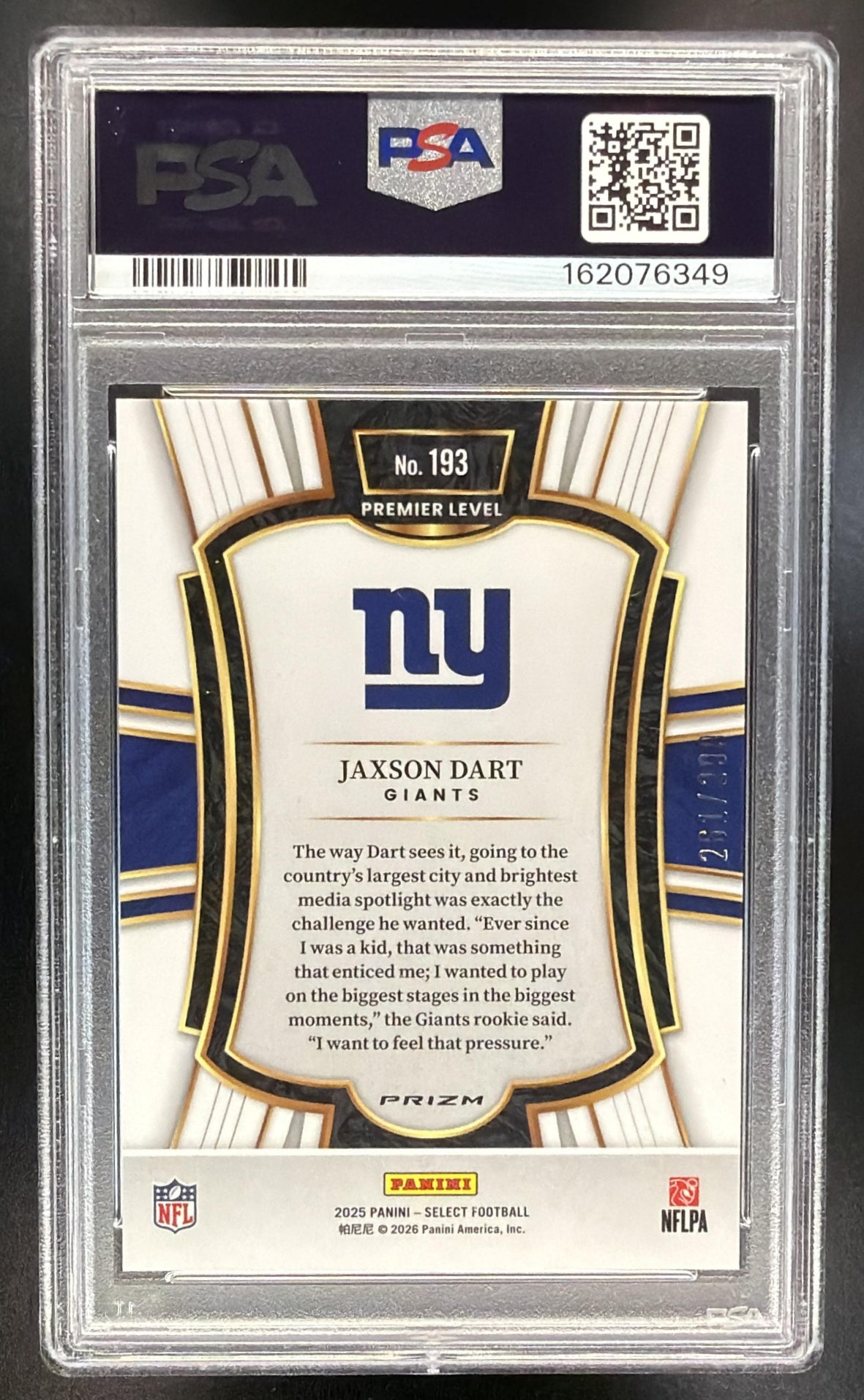 2025 Panini Select Jaxson Dart #193 Premier Level Tri-Color Prizm /299 RC PSA 10