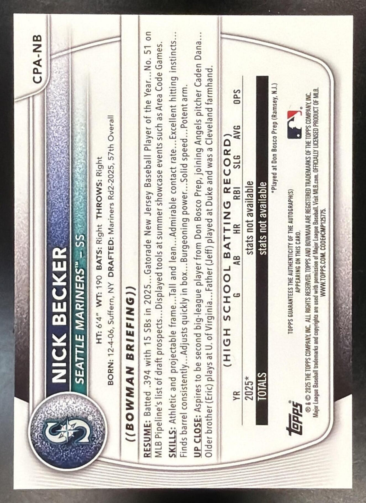 2025 Bowman Draft Nick Becker #CPA-NB Chrome Auto Blue Wave Refractor 139/150 1st Prospect