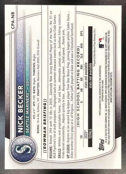 2025 Bowman Draft Nick Becker #CPA-NB Chrome Auto Blue Wave Refractor 139/150 1st Prospect