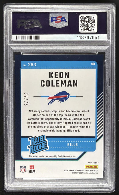 2024 Panini Donruss Optic Keon Coleman #263 Rated Rookie RPS Auto Red /75 PSA 10