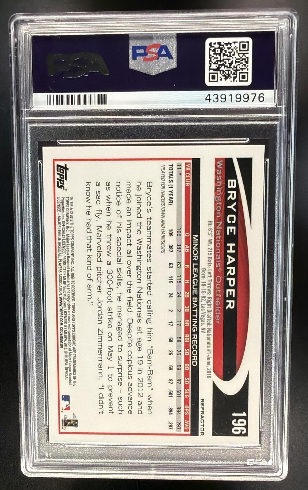 2012 Topps Chrome Bryce Harper #196 X Fractors RC PSA 9