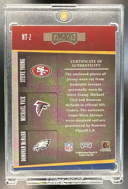 2005 Playoff Absolute Memorabilia Steve Young Michael Vick Donovan McNabb #NT-2 National Treasures /25
