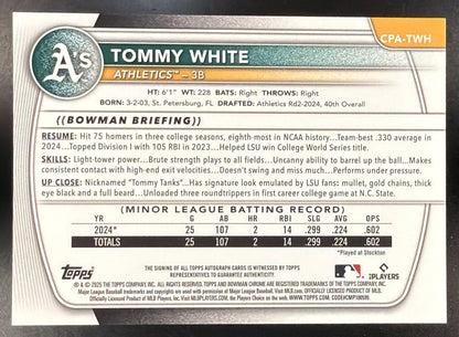 2025 Bowman Chrome Tommy White #CPA-TWH Auto Mini Diamond Refractor /100 1st Prospect