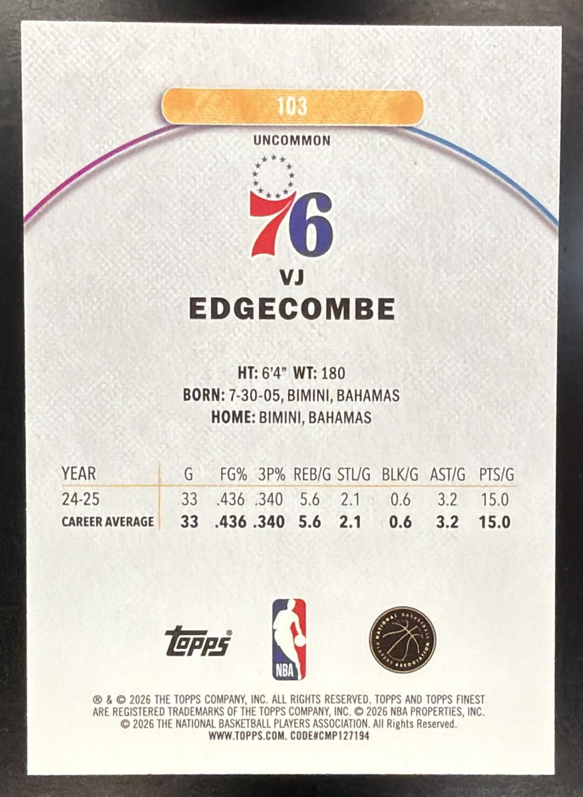 2025-26 Topps Finest VJ Edgecombe #103 Uncommon Oil Spill RC