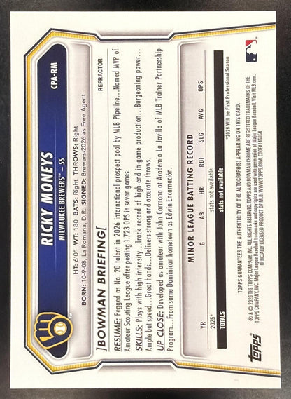 2026 Bowman Chrome Baseball Ricky Moneys #CPA-RM Refractor Auto 489/499