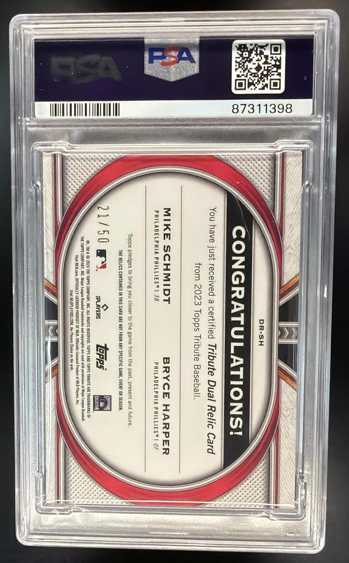 2023 Topps Tribute Mike Schmidt Bryce Harper #DR-SH Dual Relics 2 Player Purple /50 MEM PSA 9