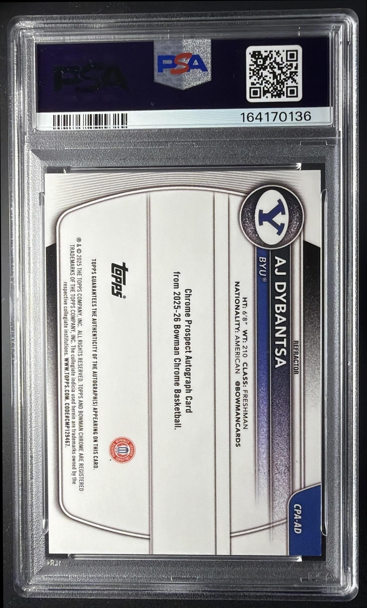 2025-26 Bowman AJ Dybantsa #CPA-AD Chrome Auto Refractor 423/499 1st Prospect PSA 9