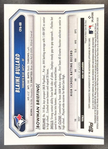 2026 Bowman Blaine Bullard #CPA-BB Chrome Auto Mini-Diamond Refractor 14/100 1st Prospect