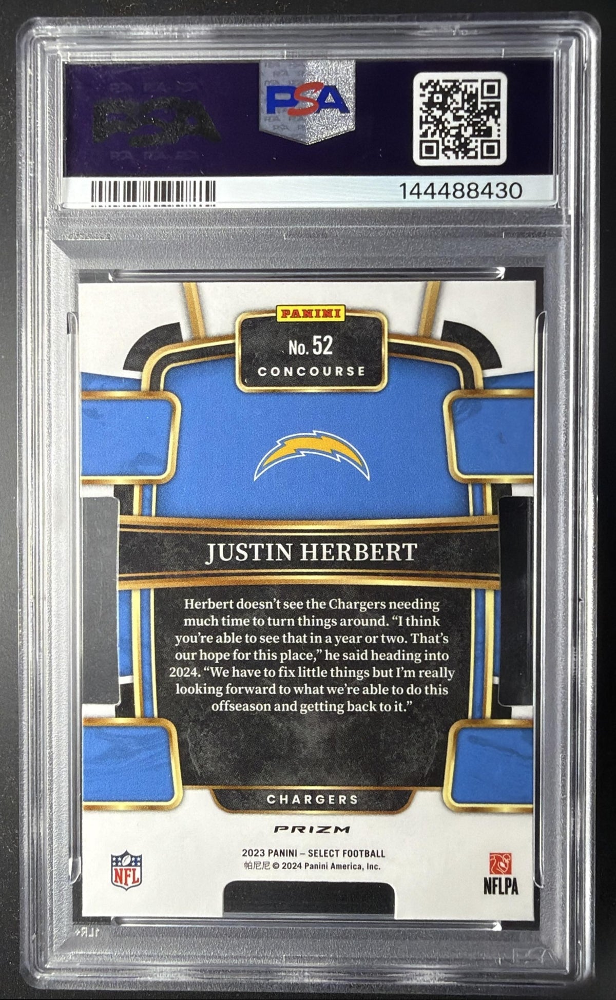 2023 Panini Select Justin Herbert #52 Zebra Prizm SSP Concourse PSA 10
